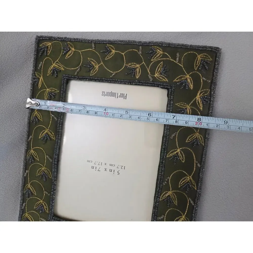 Pier 1 Imports Green Picture Frame Satin Beaded  Embroidered 5x7